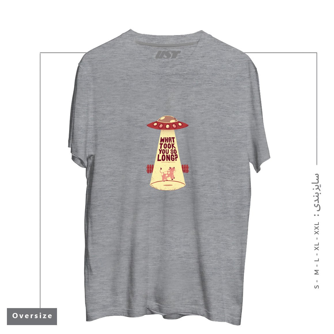 طرح WHY DID YOU TOOK SO LONG ALIEN FUNNY T-SHIRT تیشرت اورسایزرنگ طوسی ملانژ