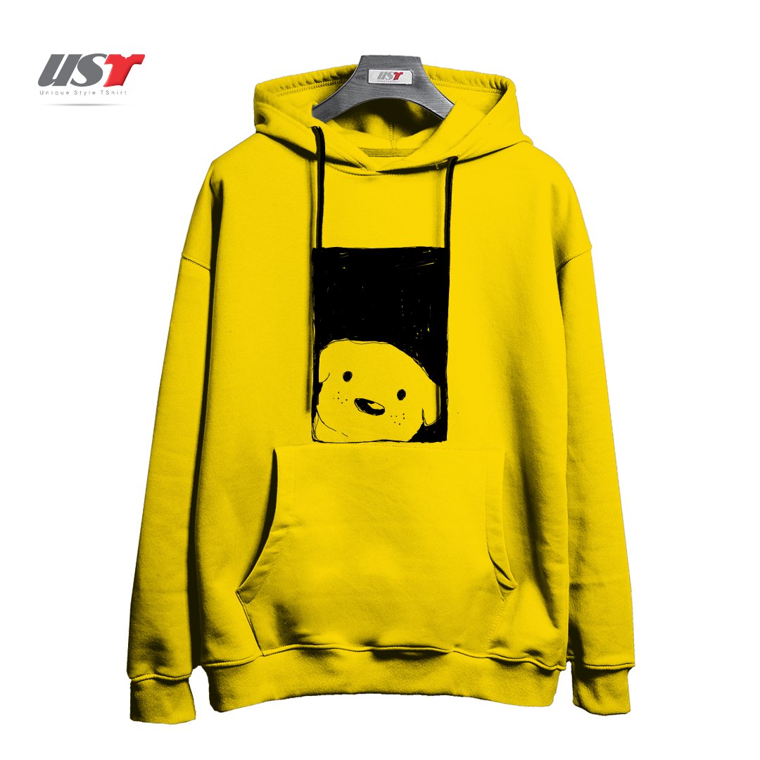 طرح DOG LOOKING OUT A WINDOW هودی اورسایزرنگ زرد