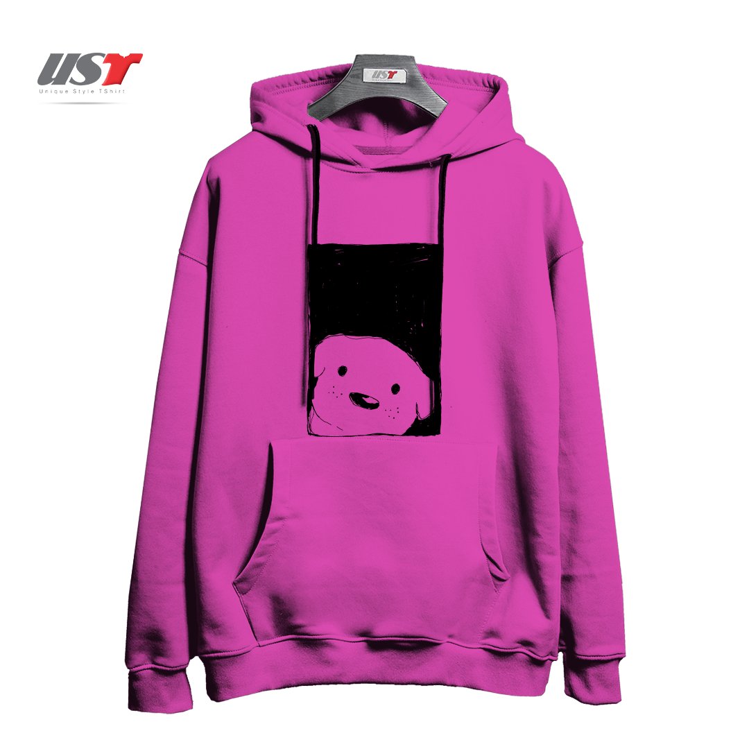 طرح DOG LOOKING OUT A WINDOW هودی اورسایزرنگ صورتی