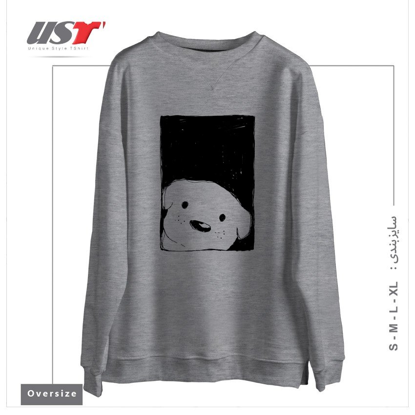 طرح DOG LOOKING OUT A WINDOW سوییشرت اورسایزرنگ طوسی ملانژ