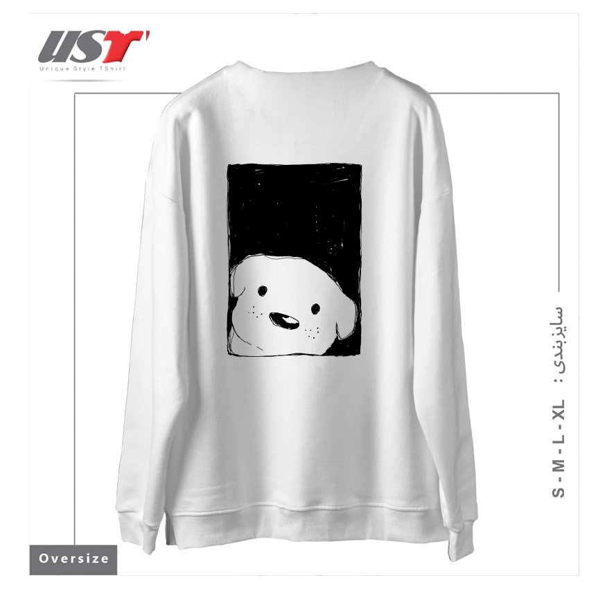 طرح DOG LOOKING OUT A WINDOW سوییشرت اورسایزرنگ سفید