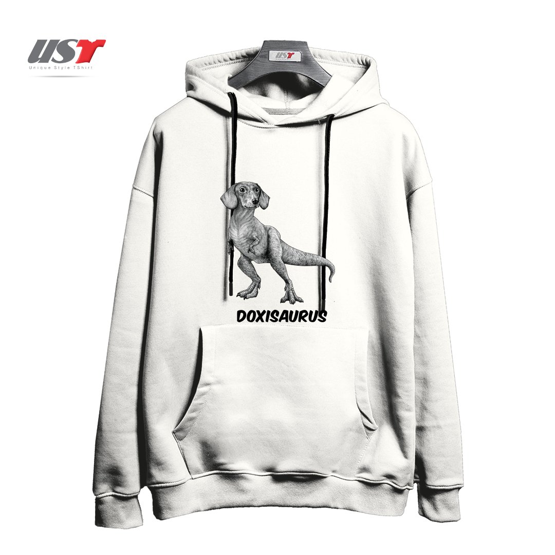 طرح DOXISAURUS  DACHSHUNDTYRANNOSAURUS REX HYBRID ANIMAL هودی اورسایزرنگ سفید