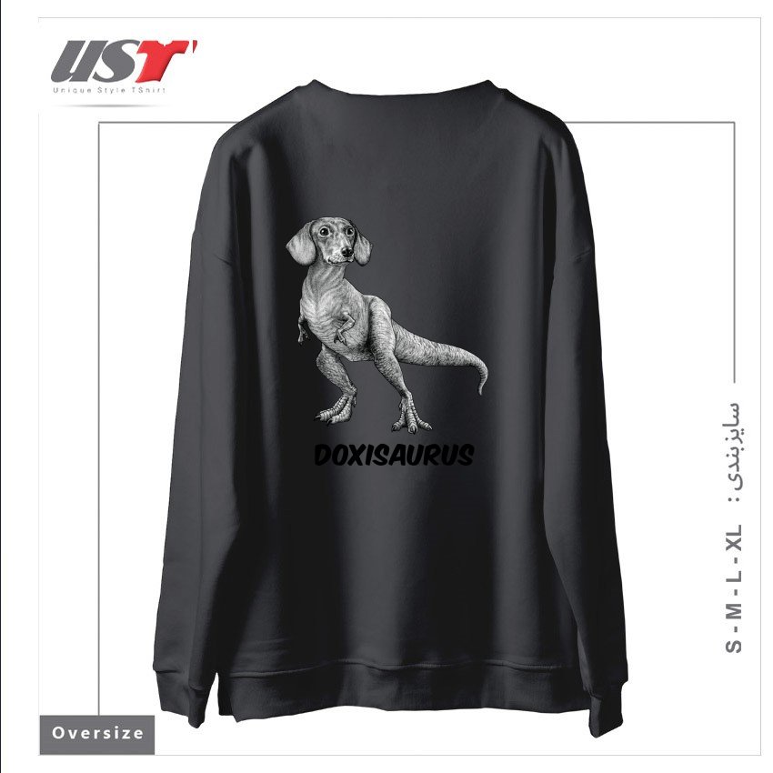 طرح DOXISAURUS  DACHSHUNDTYRANNOSAURUS REX HYBRID ANIMAL سوییشرت اورسایزرنگ دودی