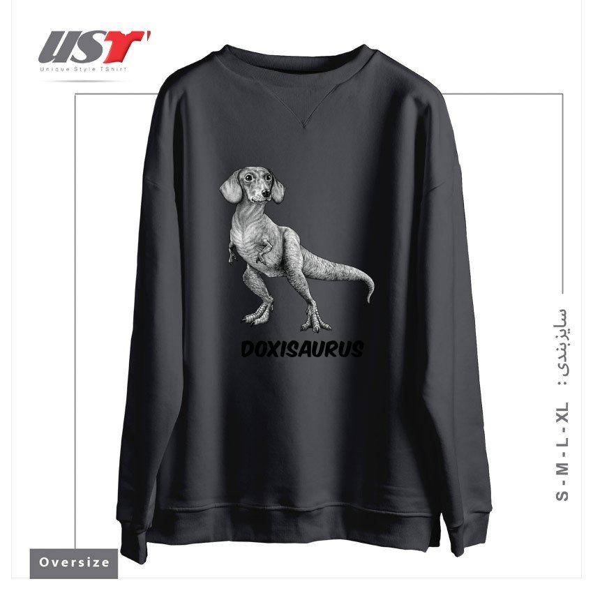 طرح DOXISAURUS  DACHSHUNDTYRANNOSAURUS REX HYBRID ANIMAL سوییشرت اورسایزرنگ دودی
