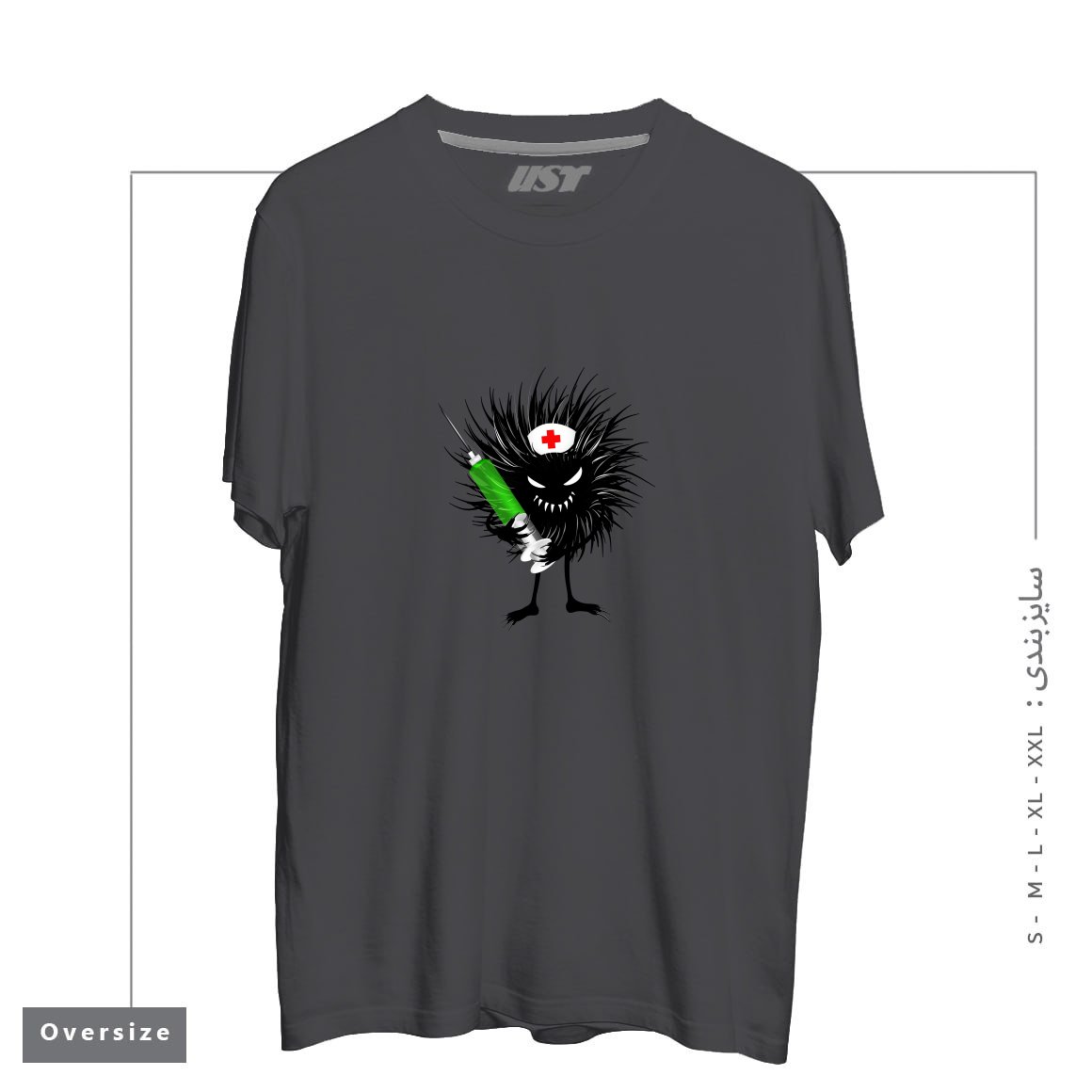 طرح FUNNY EVIL BUG NURSE WITH SYRINGE تیشرت اورسایزرنگ دودی