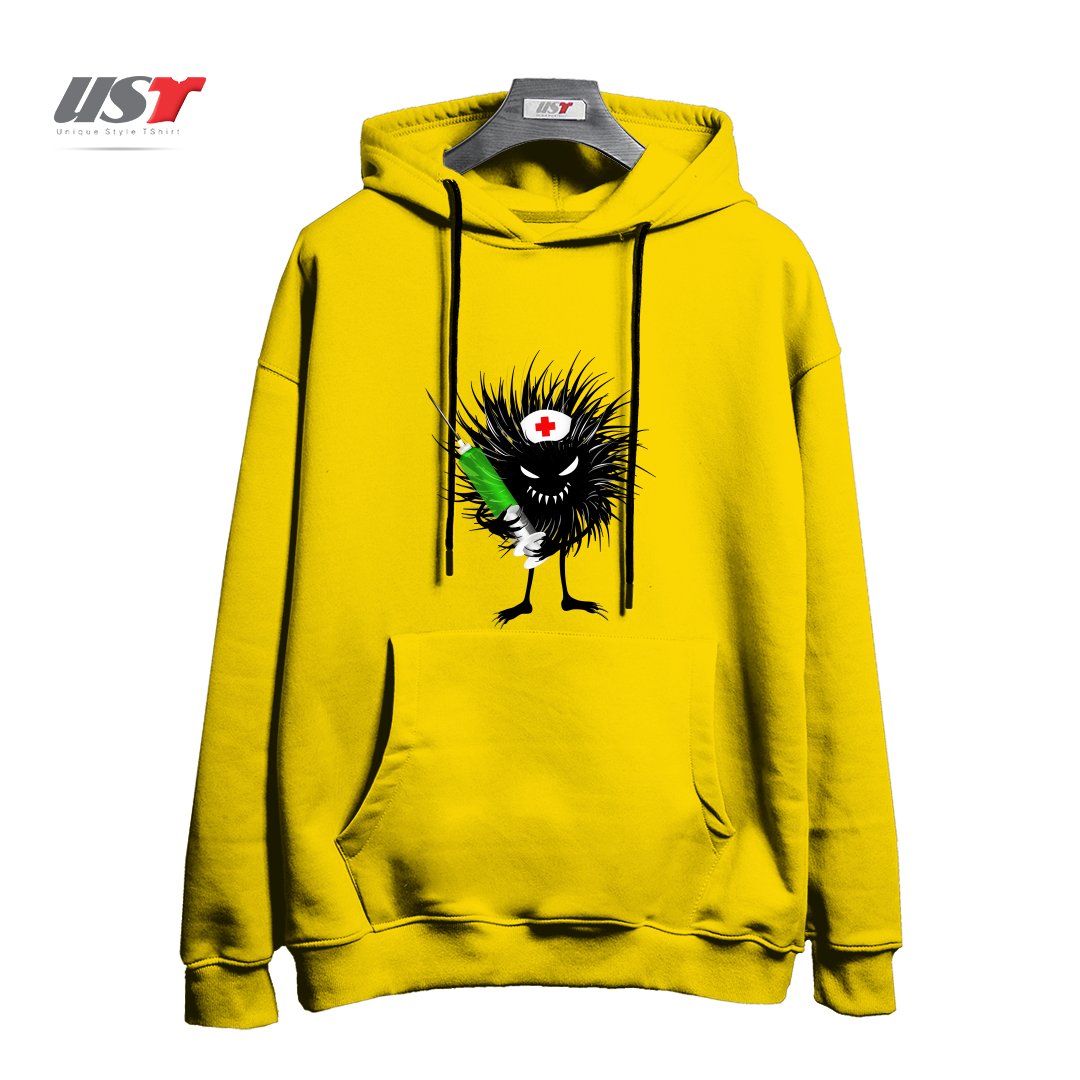 طرح FUNNY EVIL BUG NURSE WITH SYRINGE هودی اورسایزرنگ زرد
