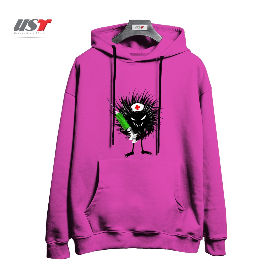 طرح FUNNY EVIL BUG NURSE WITH SYRINGE هودی اورسایزرنگ صورتی