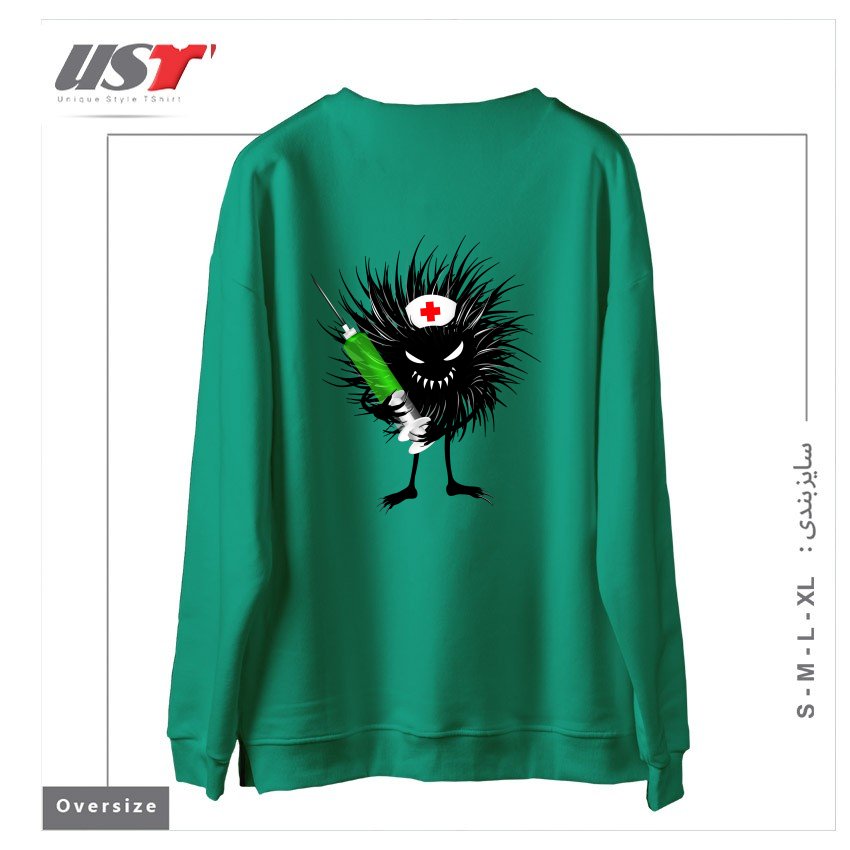 طرح FUNNY EVIL BUG NURSE WITH SYRINGE سوییشرت اورسایزرنگ سبز سدری