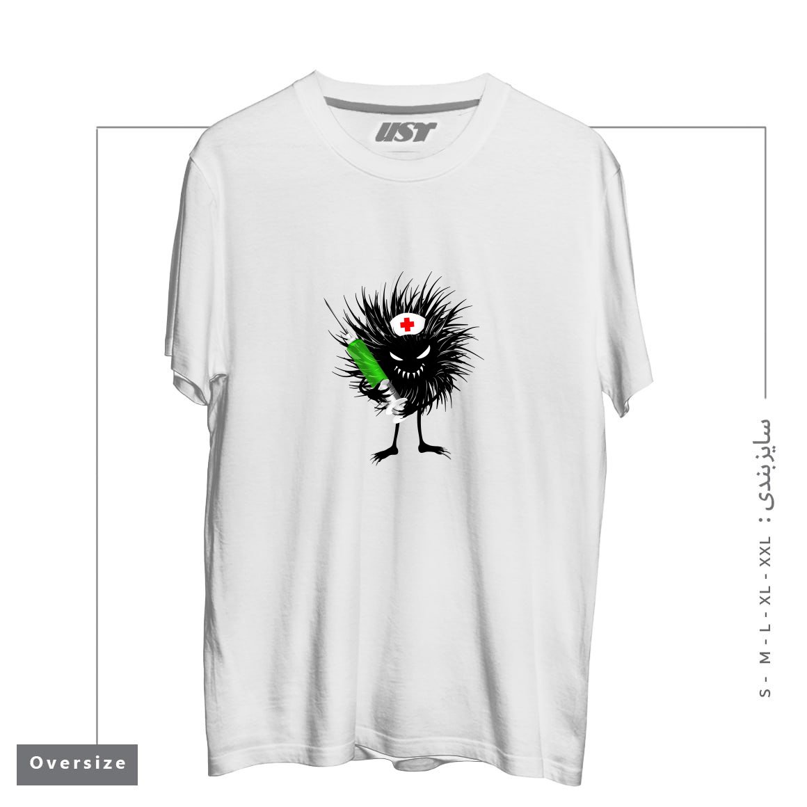 طرح FUNNY EVIL BUG NURSE WITH SYRINGE تیشرت اورسایزرنگ سفید