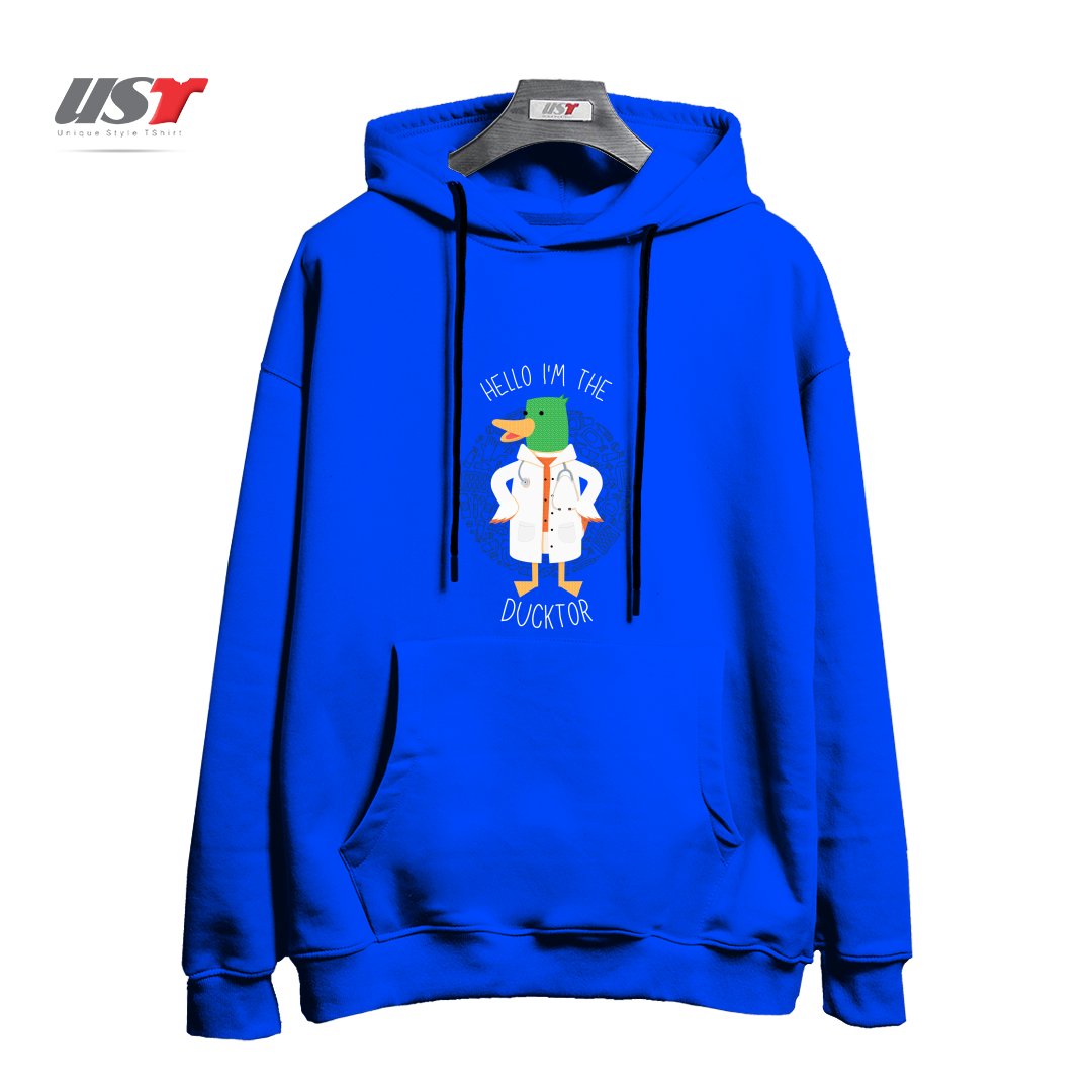 طرح HELLO I'M THE DUCKTOR (DUCK DOCTOR) هودی اورسایزرنگ آبی شالی