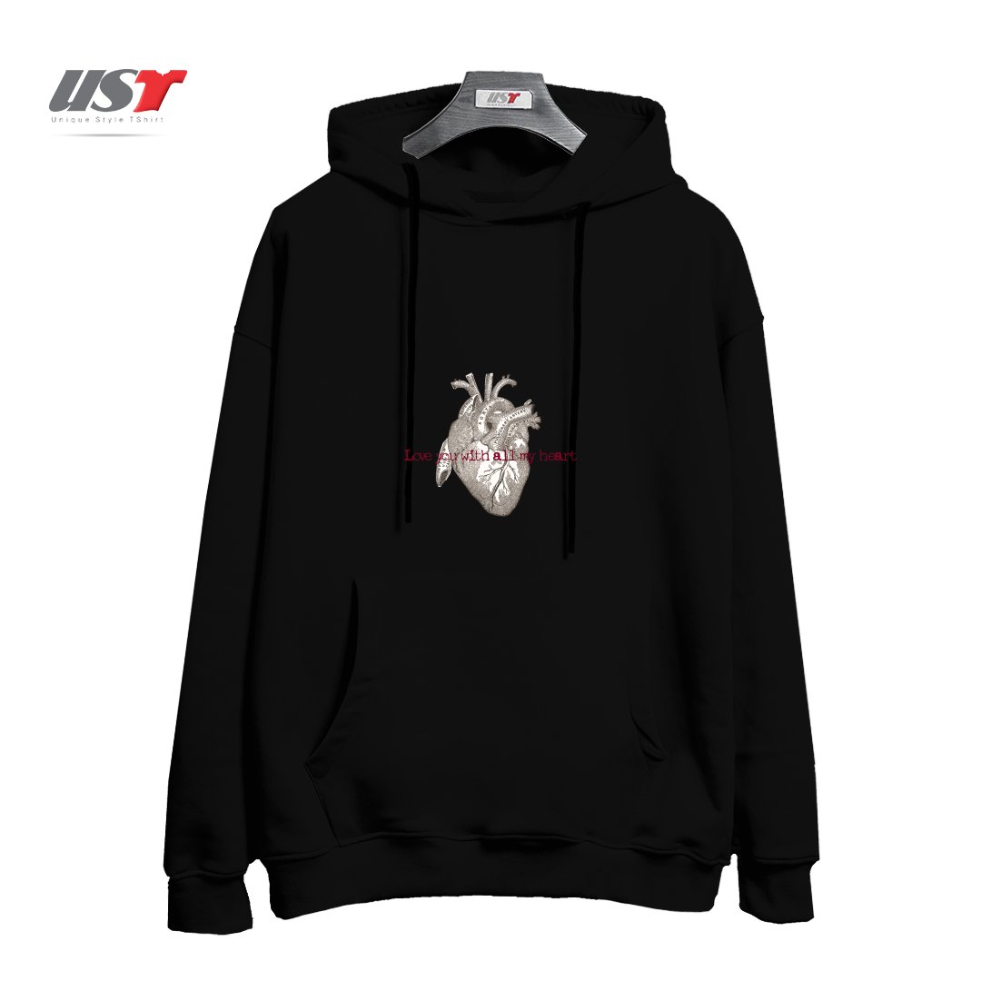 طرح LOVE YOU WITH ALL MY HEART - VINTAGE HEART ILLUSTRATION هودی اورسایزرنگ مشکی