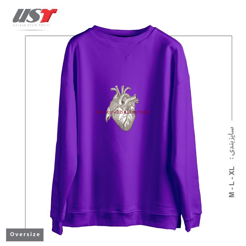 طرح LOVE YOU WITH ALL MY HEART - VINTAGE HEART ILLUSTRATION سوییشرت اورسایزرنگ بنفش