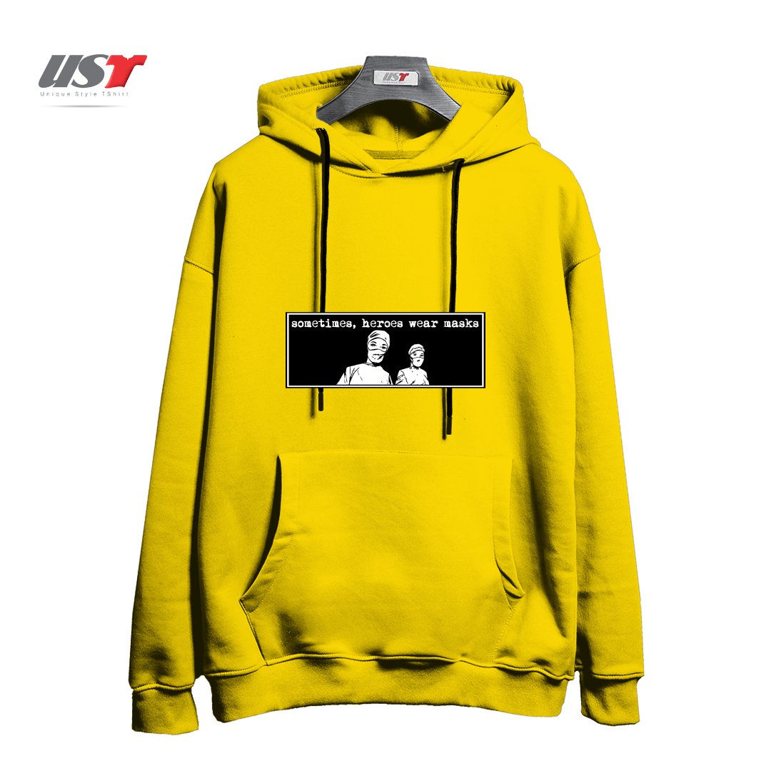 طرح SOMETIMES HEROES WEAR MASKS هودی اورسایزرنگ زرد