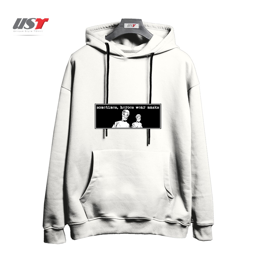 طرح SOMETIMES HEROES WEAR MASKS هودی اورسایزرنگ سفید