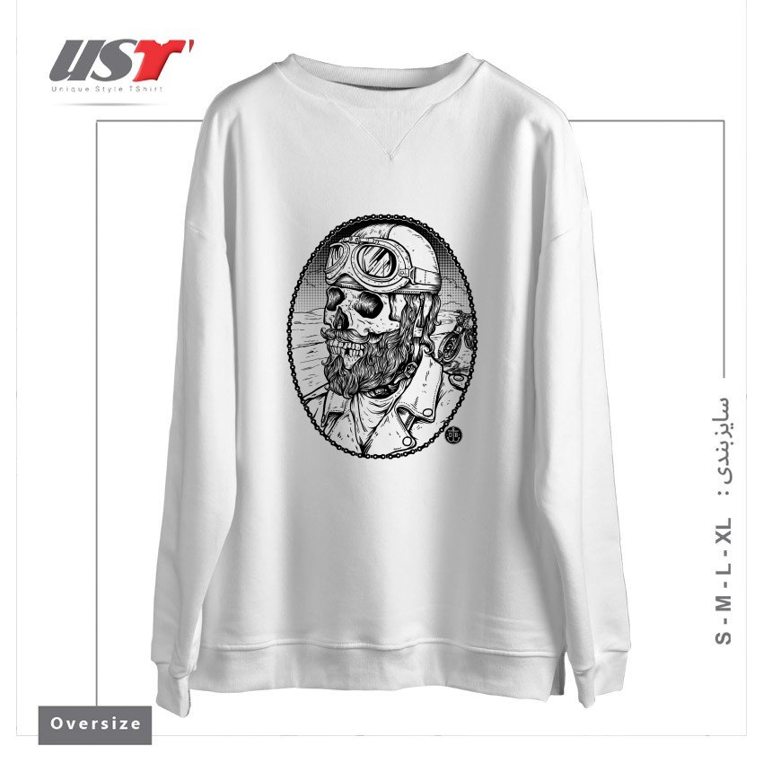 طرح - BIKER -54 سوییشرت اورسایزرنگ سفید