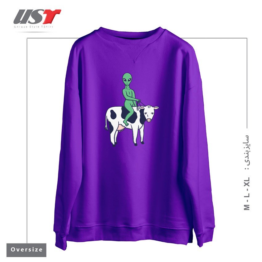 طرح ALIEN RIDING A COW سوییشرت اورسایزرنگ بنفش