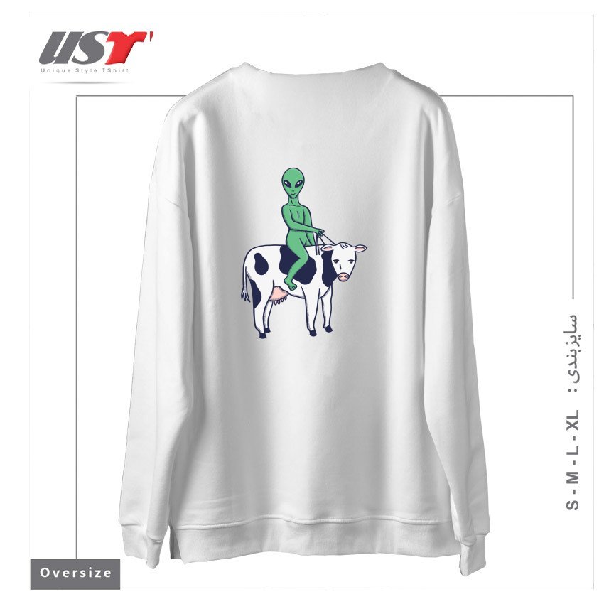 طرح ALIEN RIDING A COW سوییشرت اورسایزرنگ سفید