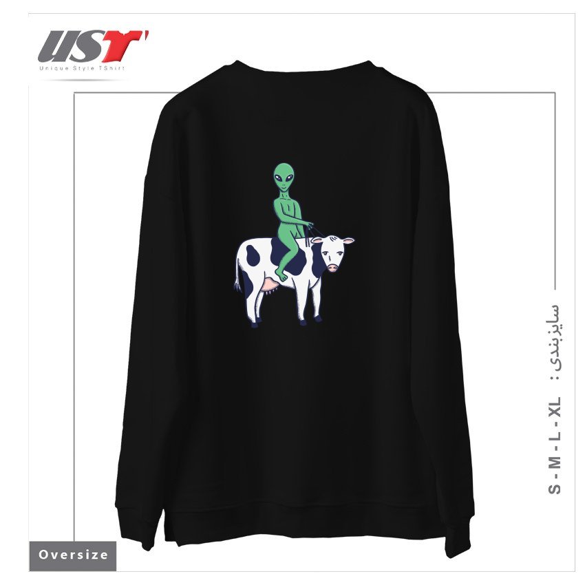 طرح ALIEN RIDING A COW سوییشرت اورسایزرنگ مشکی