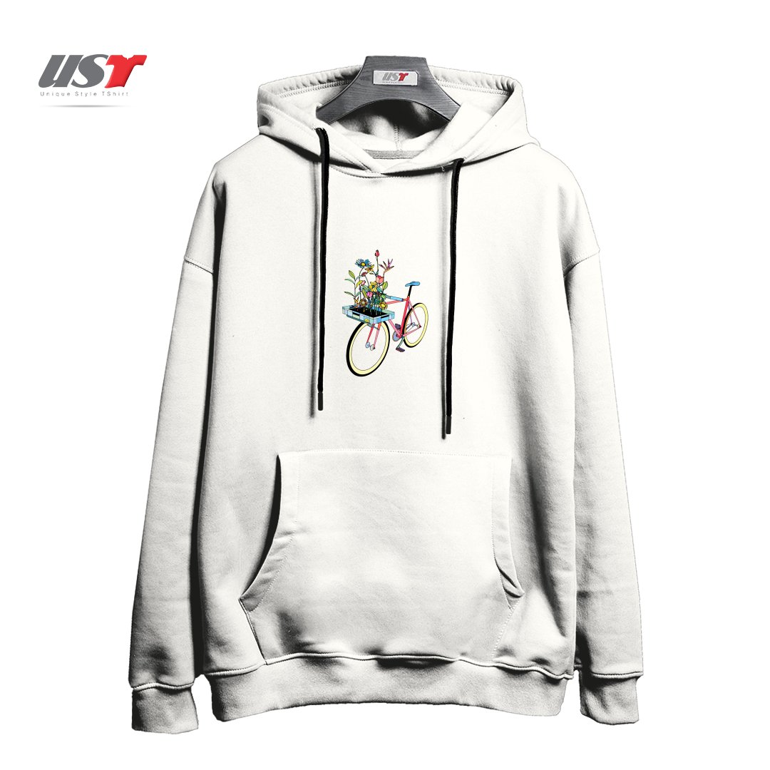 طرح BIKE AND FLOWERS هودی اورسایزرنگ سفید