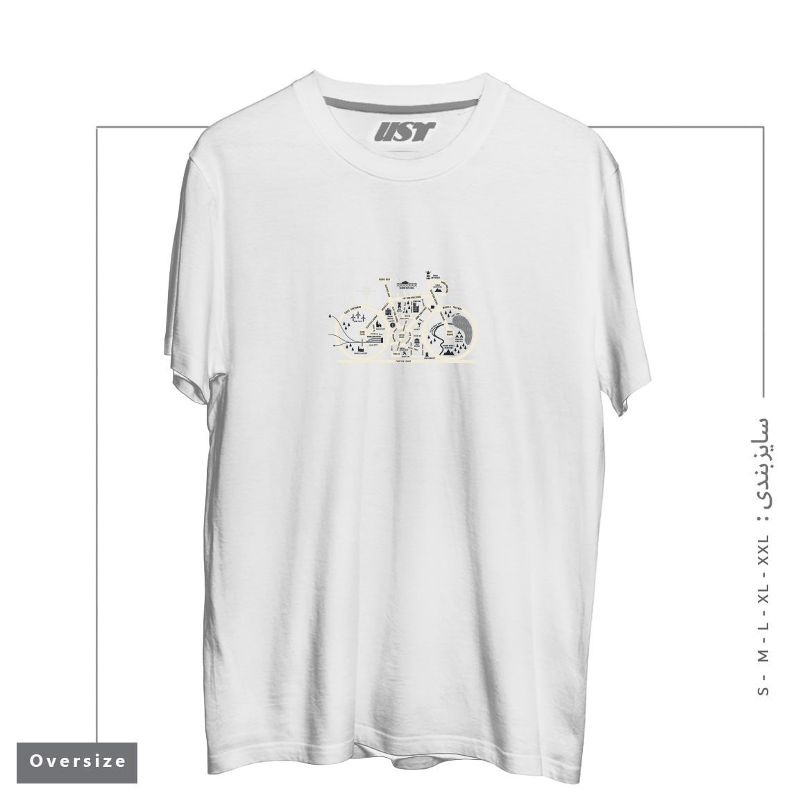 طرح BIKE CITY MAP تیشرت اورسایزرنگ سفید