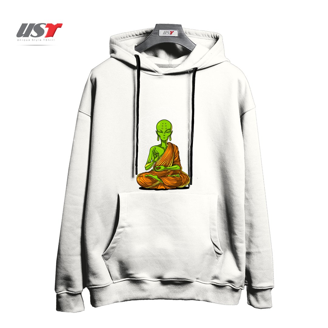طرح SPACE ALIEN BUDDHA هودی اورسایزرنگ سفید