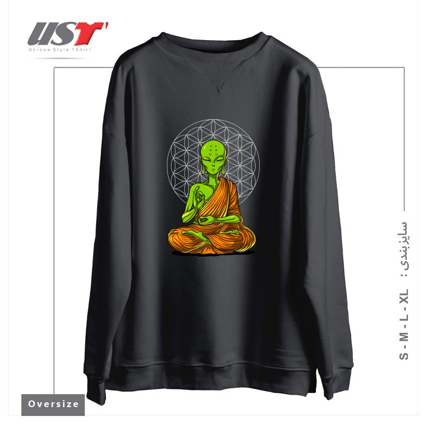 طرح SPACE ALIEN BUDDHA سوییشرت اورسایزرنگ دودی