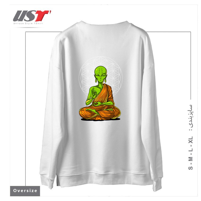 طرح SPACE ALIEN BUDDHA سوییشرت اورسایزرنگ سفید