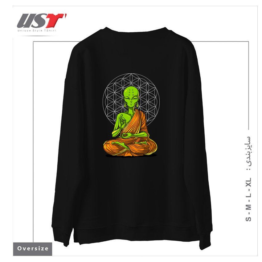 طرح SPACE ALIEN BUDDHA سوییشرت اورسایزرنگ مشکی
