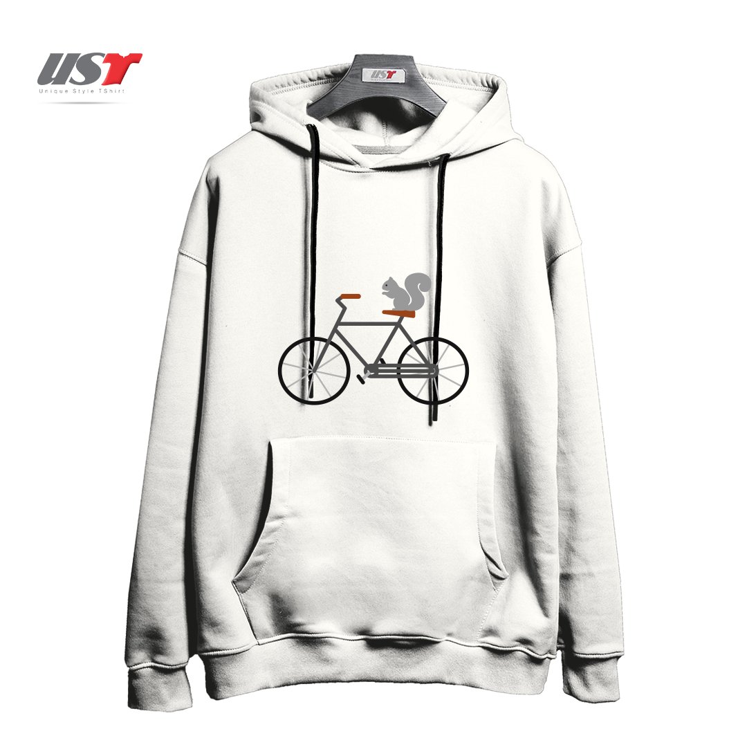 طرح SQUIRREL RIDING BIKE هودی اورسایزرنگ سفید