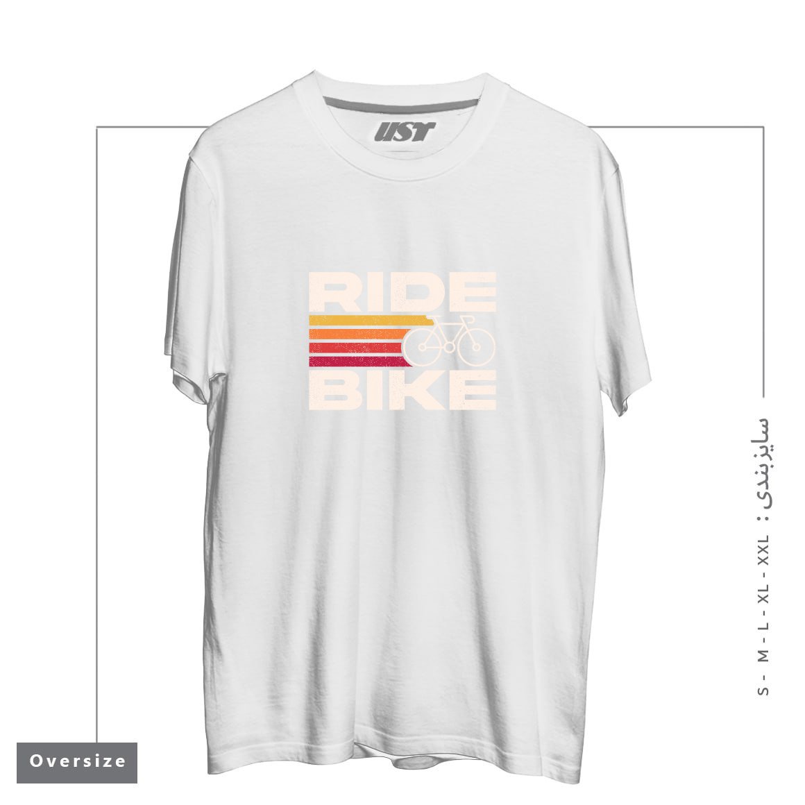 طرح RIDE BIKE تیشرت اورسایزرنگ سفید