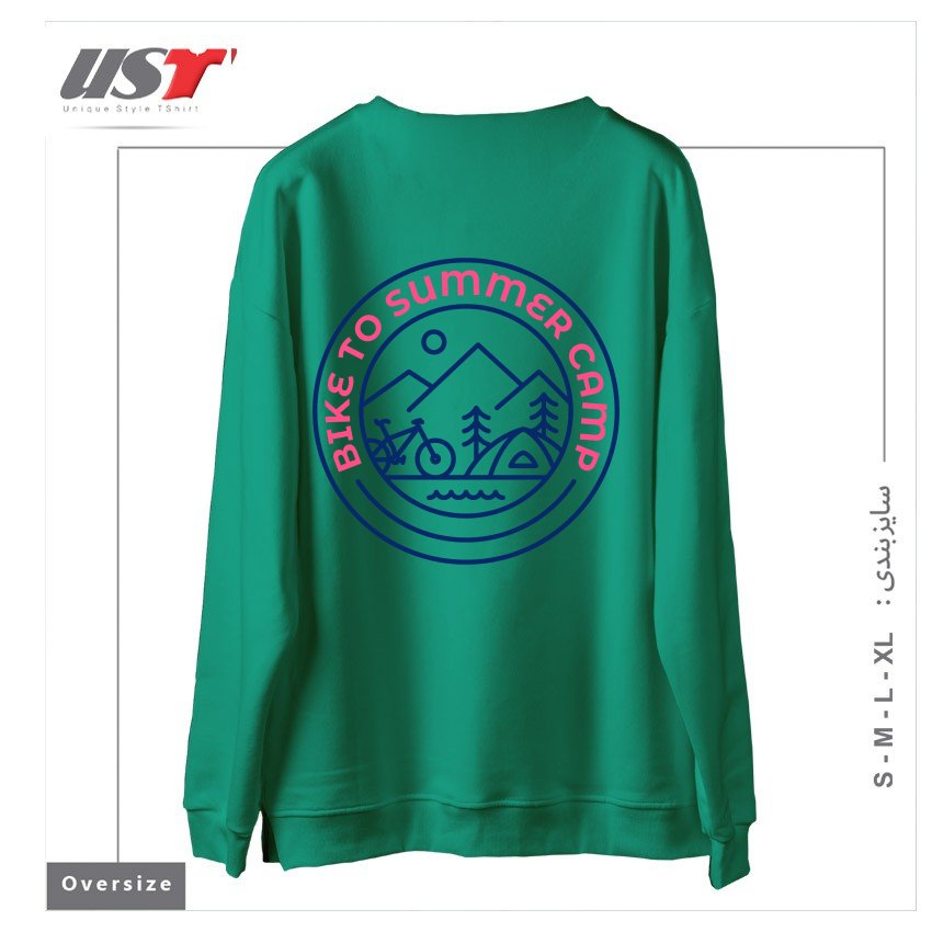 طرح BIKE TO SUMMER CAMP سوییشرت اورسایزرنگ سبز سدری