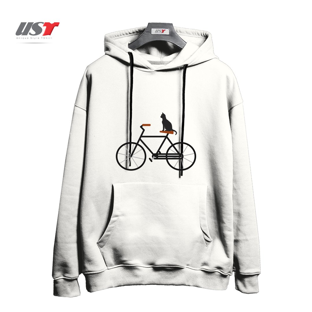 طرح CAT RIDING BIKE هودی اورسایزرنگ سفید