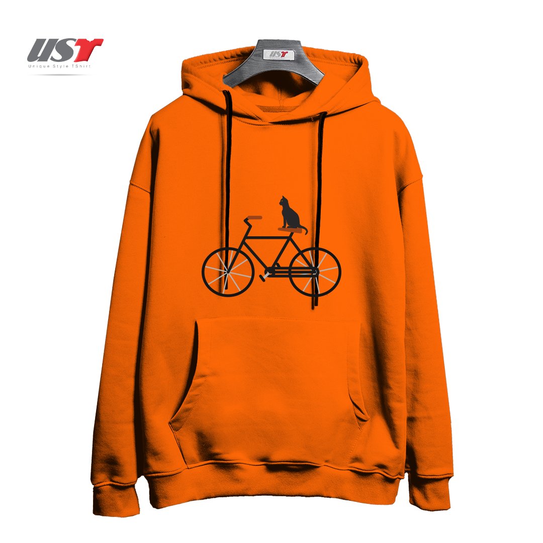 طرح CAT RIDING BIKE هودی اورسایزرنگ نارنجی