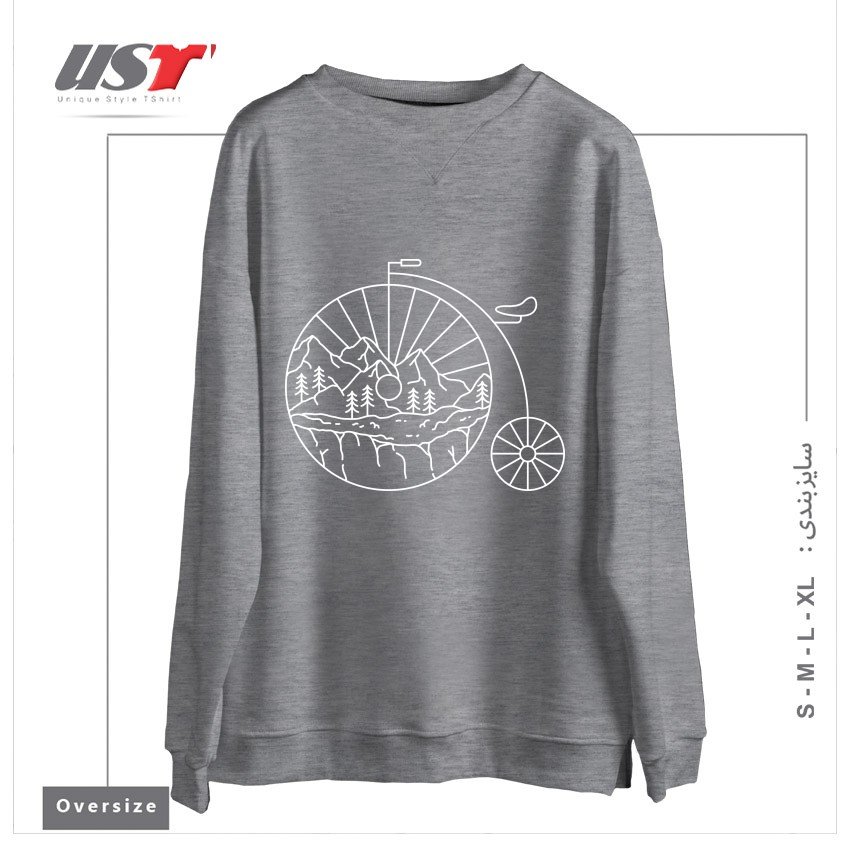 طرح CLASSIC BIKE ADVENTURE سوییشرت اورسایزرنگ طوسی ملانژ