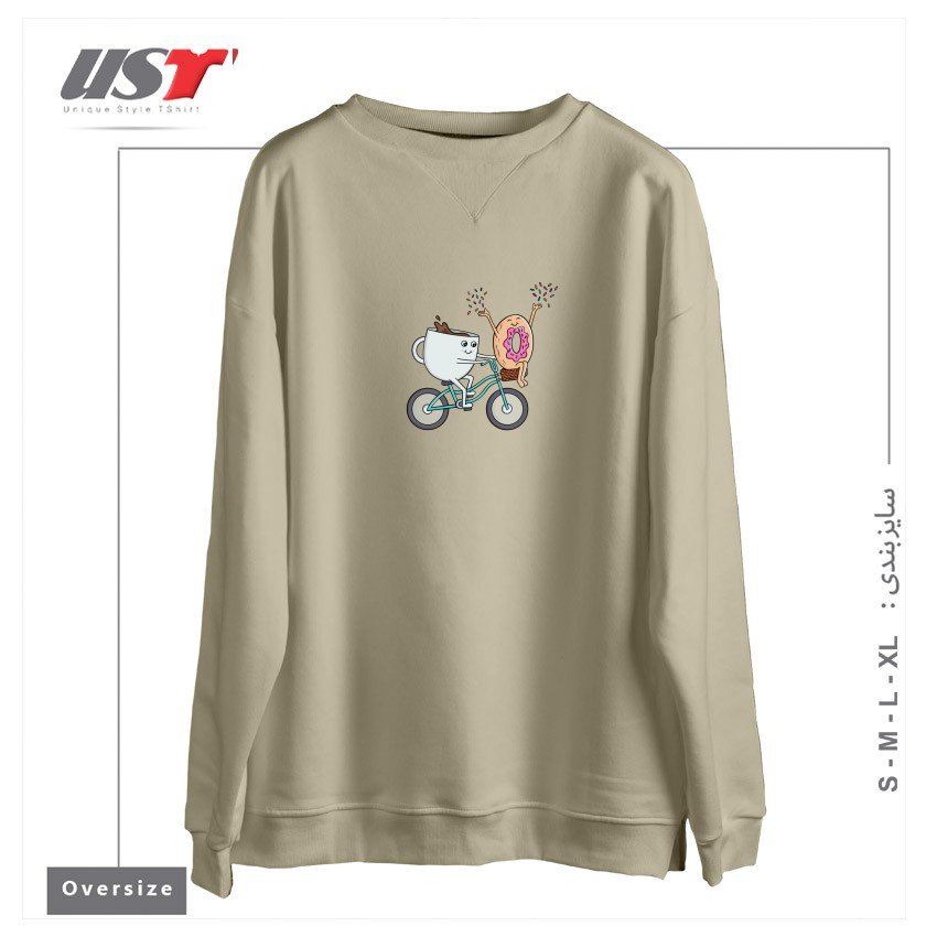 طرح COFFEE DONUT AND BIKE سوییشرت اورسایزرنگ نخودی