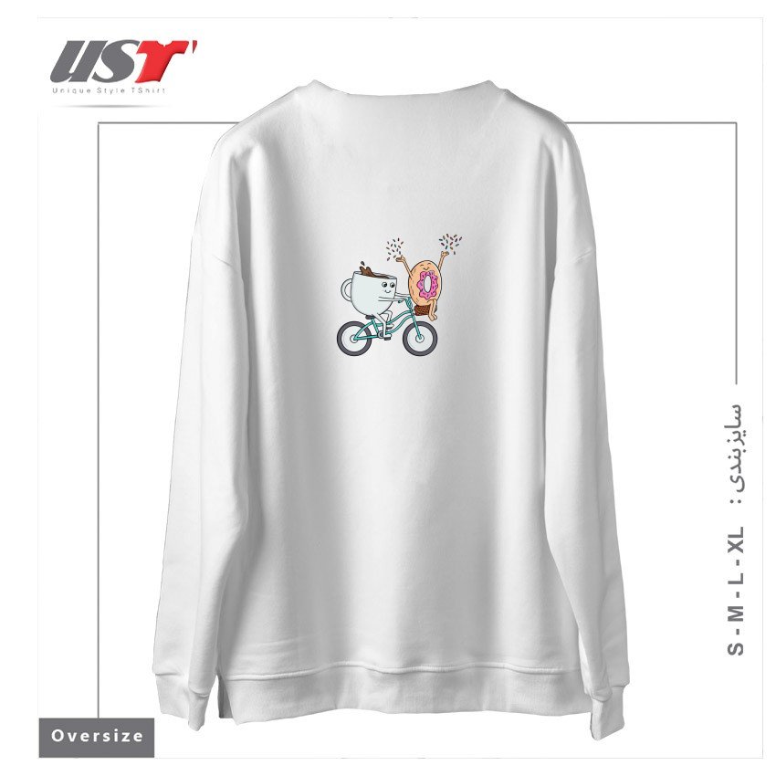 طرح COFFEE DONUT AND BIKE سوییشرت اورسایزرنگ سفید