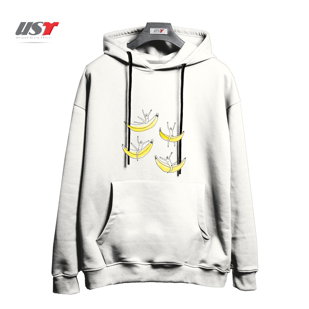طرح FRIENDS RIDING BANANAS هودی اورسایزرنگ سفید