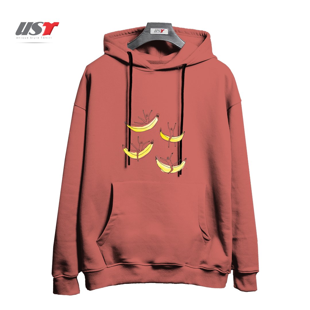 طرح FRIENDS RIDING BANANAS هودی اورسایزرنگ آجری