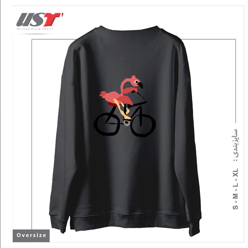 طرح FUNNY PINK FLAMINGO RIDING BICYCLE سوییشرت اورسایزرنگ دودی