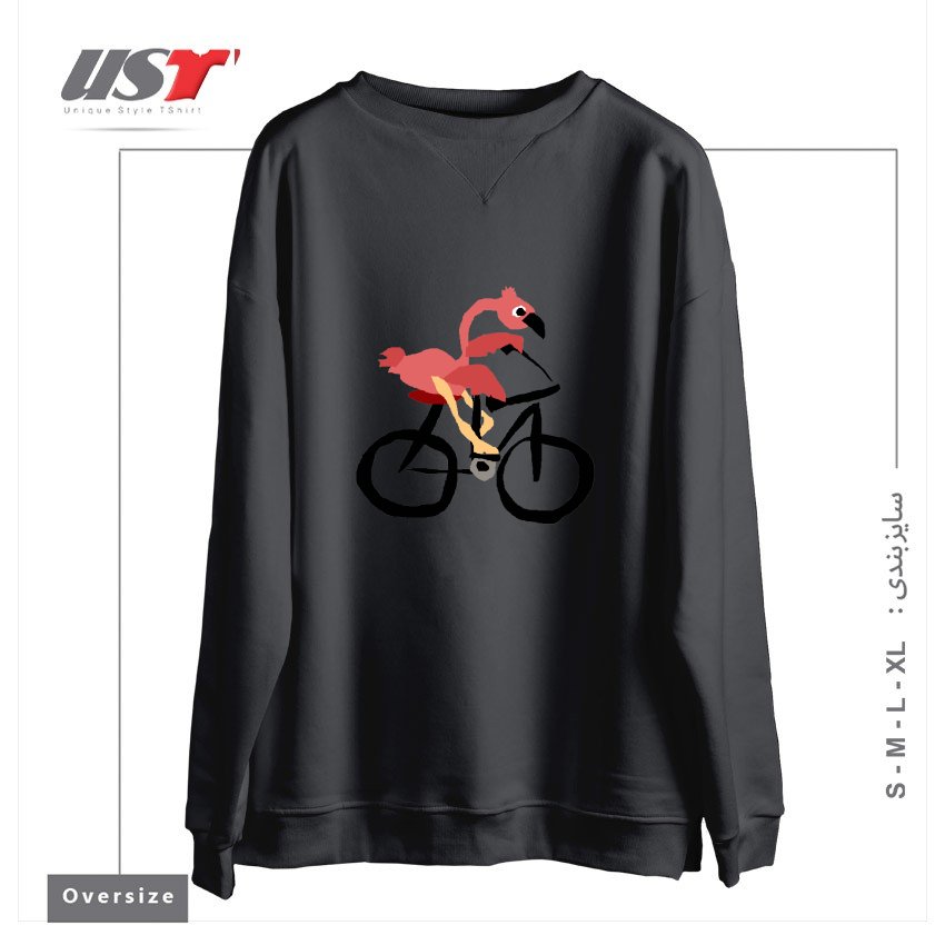 طرح FUNNY PINK FLAMINGO RIDING BICYCLE سوییشرت اورسایزرنگ دودی