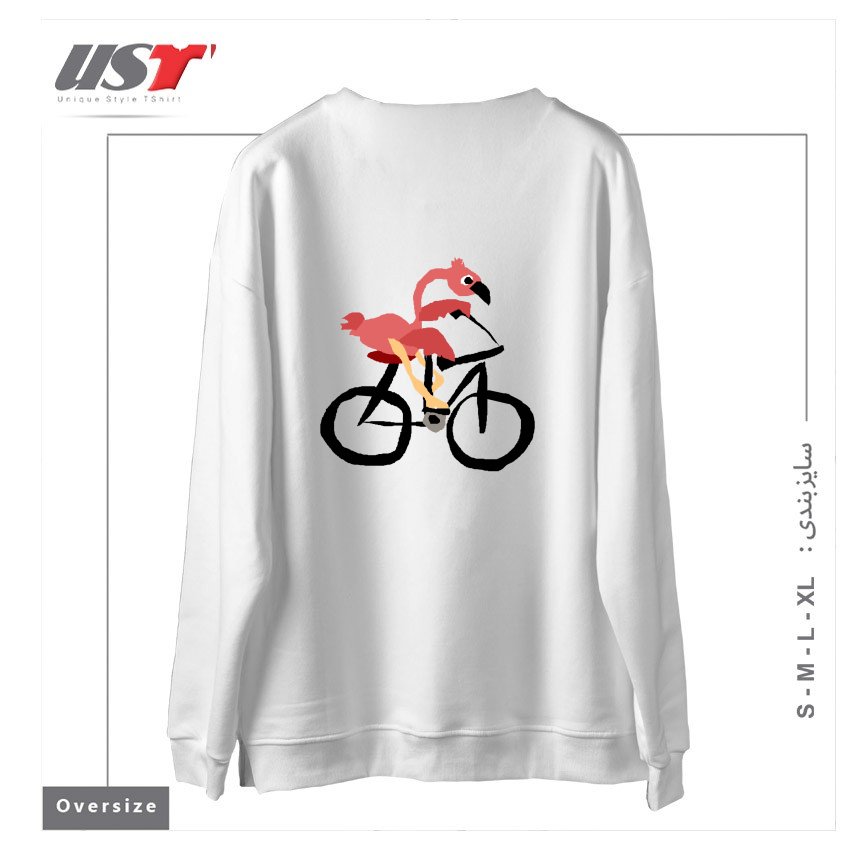 طرح FUNNY PINK FLAMINGO RIDING BICYCLE سوییشرت اورسایزرنگ سفید