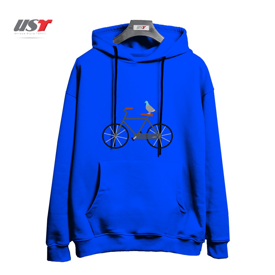 طرح PIGEON RIDING BIKE هودی اورسایزرنگ آبی شالی