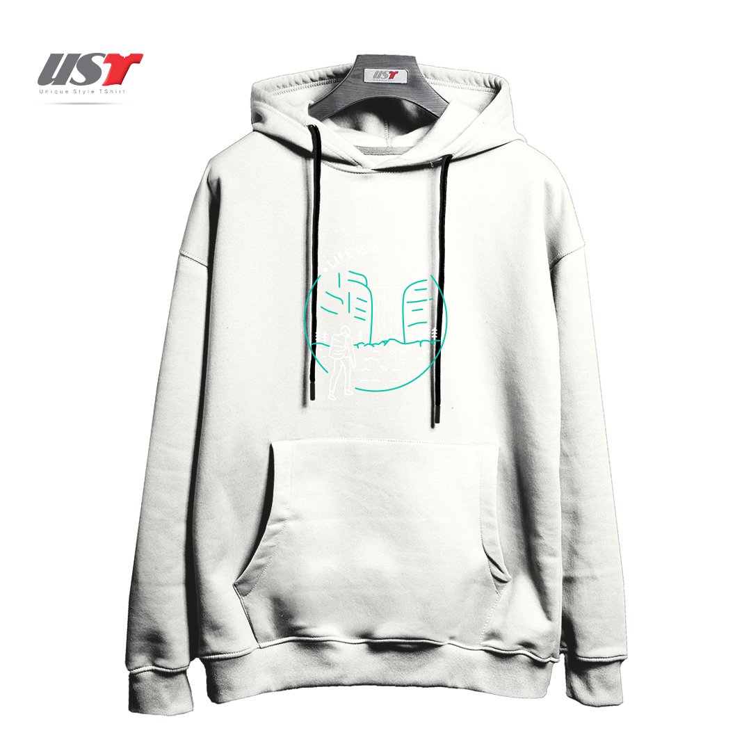 طرح ADVENTURE BACKPACKER هودی اورسایزرنگ سفید