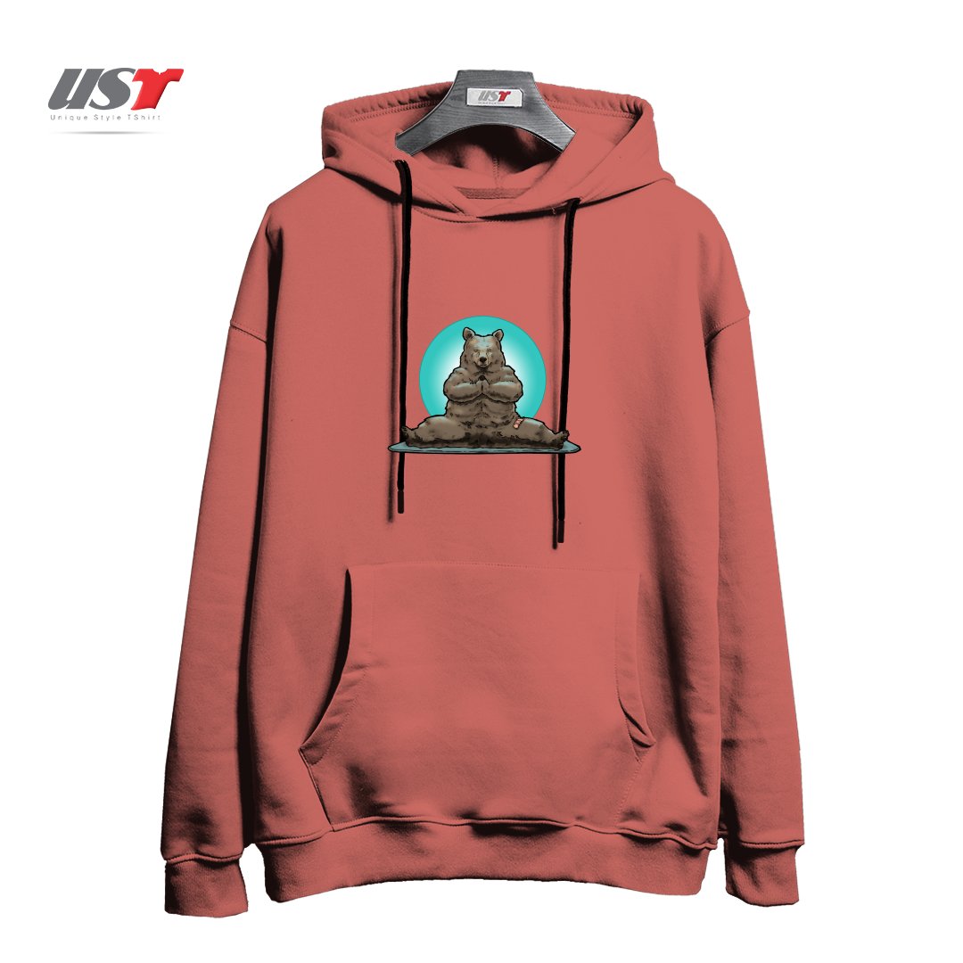 طرح YOGA BEAR BROWN هودی اورسایزرنگ آجری