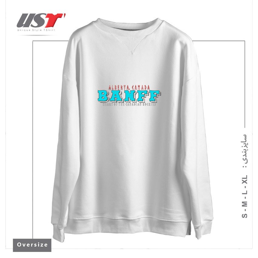 طرح BANFF, ALBERTA. سوییشرت اورسایزرنگ سفید