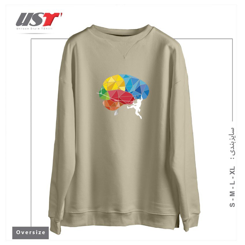 طرح CLIMBING ON THE BRAIN سوییشرت اورسایزرنگ نخودی