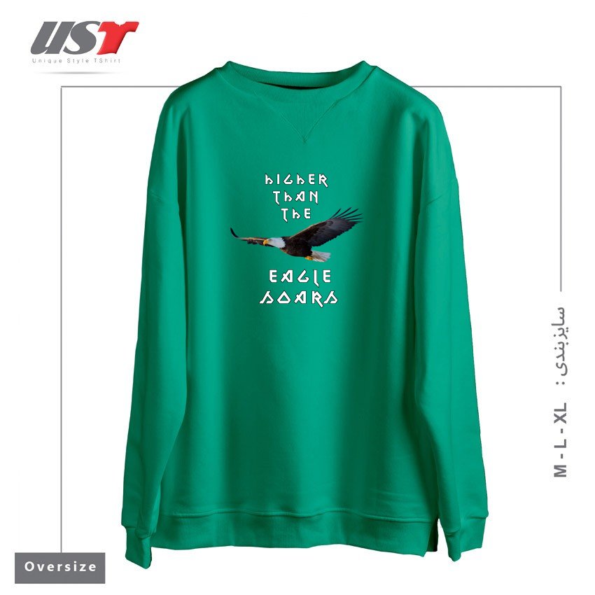 طرح HIGHER THAN THE EAGLE SOARS سوییشرت اورسایزرنگ سبز سدری