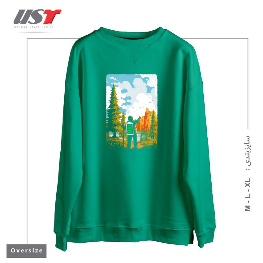 طرح HIKING RECHARGING IN NATURE OUTDOOR BATTERY2121 سوییشرت اورسایزرنگ سبز سدری