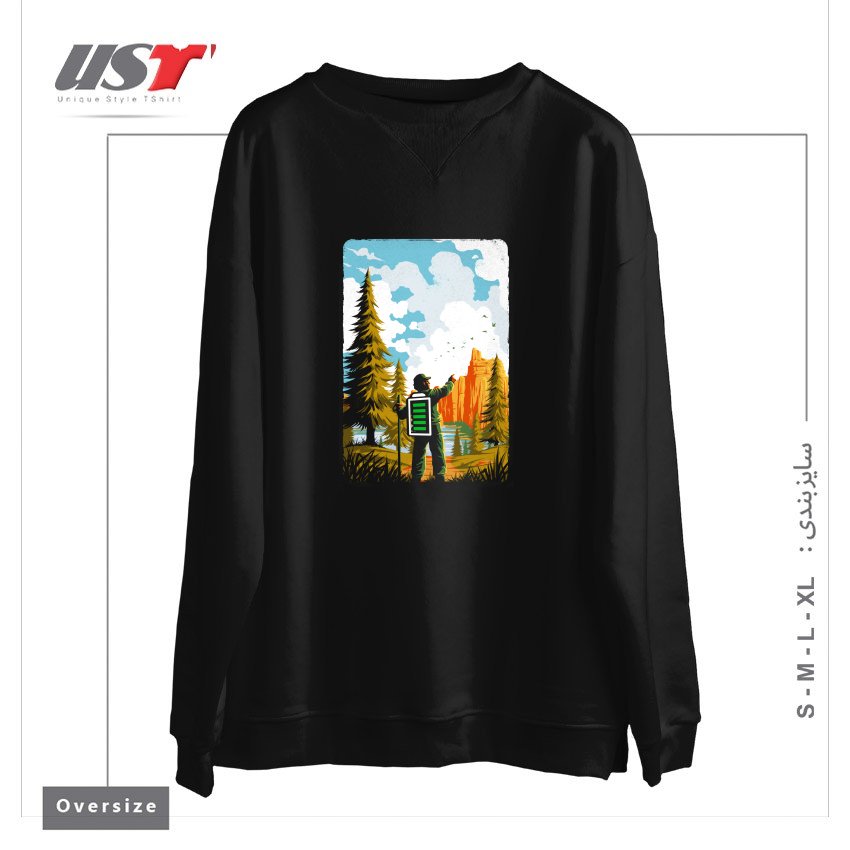 طرح HIKING RECHARGING IN NATURE OUTDOOR BATTERY2121 سوییشرت اورسایزرنگ مشکی