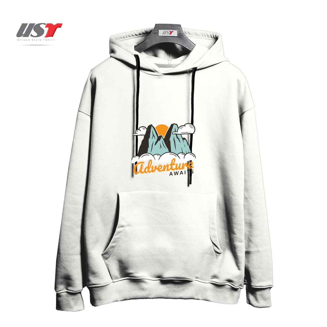 طرح NATURE - ADVENTURE AWAITS هودی اورسایزرنگ سفید